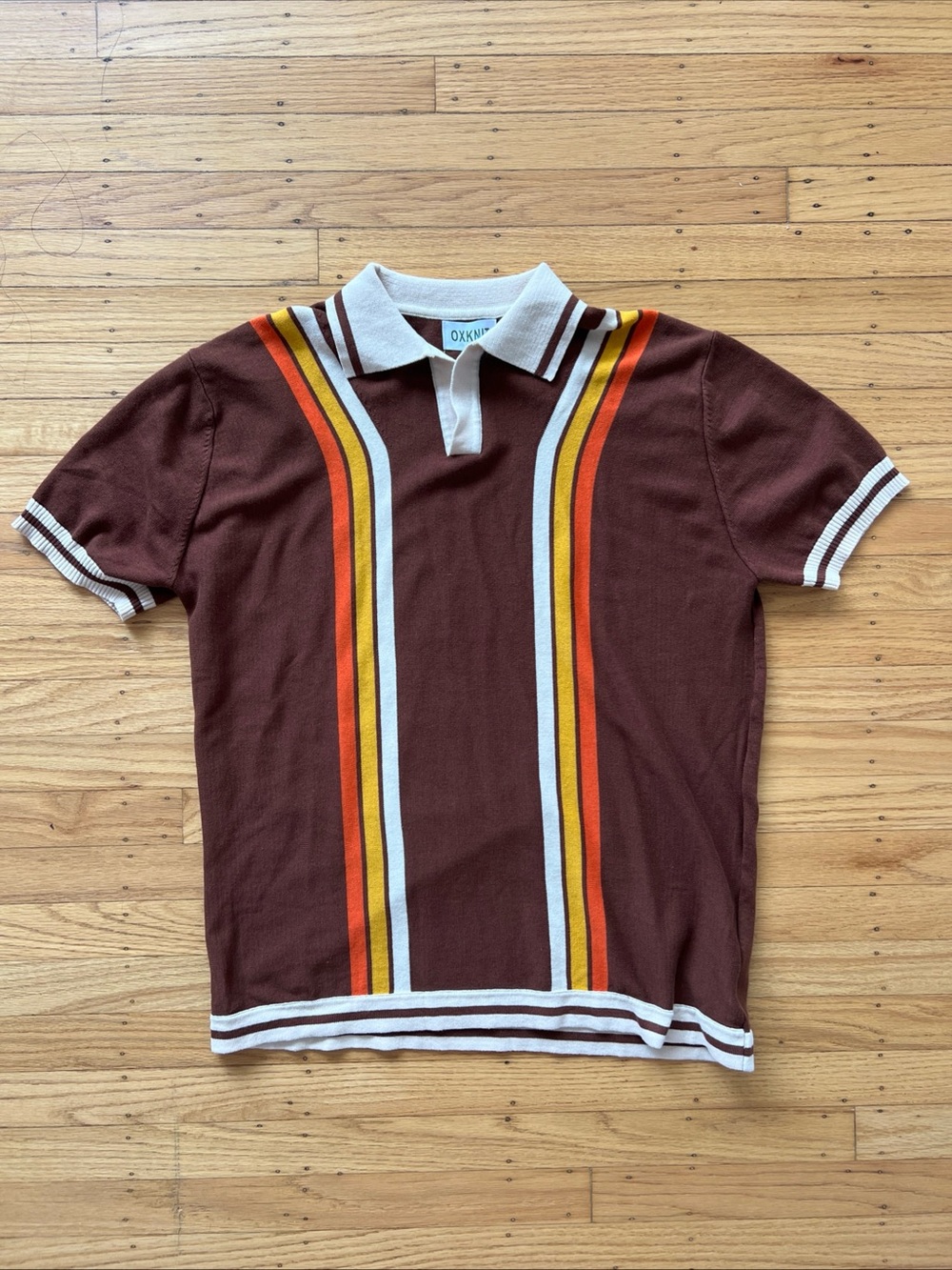 OXKNIT Mens XL Brown Knit Polo Shirt Retro Vertical Stripe Short Sleeve Cotton
